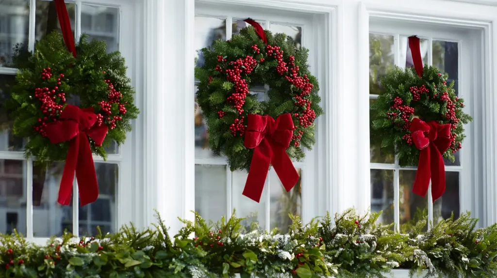 Hanging Classic Green Wreaths with Red Velvet Bows and Red Berries