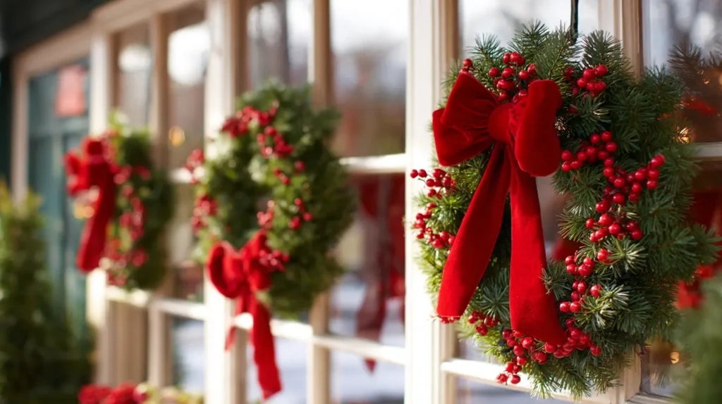 Hanging Classic Green Wreaths with Red Velvet Bows and Red Berries