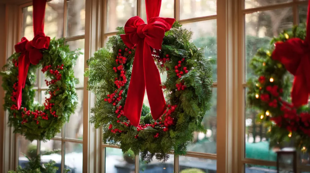 Hanging Classic Green Wreaths with Red Velvet Bows and Red Berries
