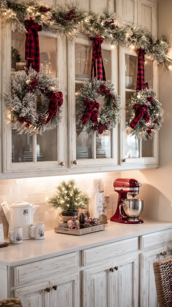 Hanging Mini Wreaths and Christmas Garland on Kitchen Cabinet Doors