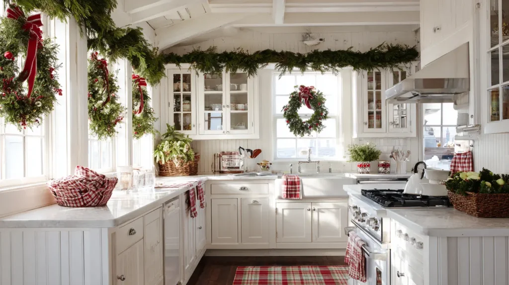 Hanging Mini Wreaths and Christmas Garland on Kitchen Cabinet Doors