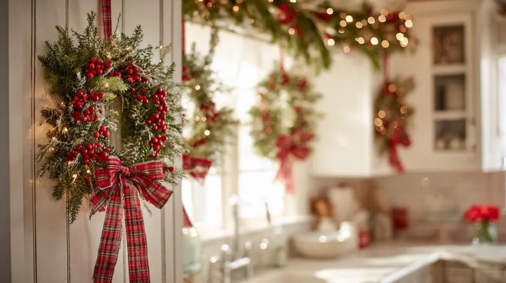 Hanging Mini Wreaths and Christmas Garland on Kitchen Cabinet Doors