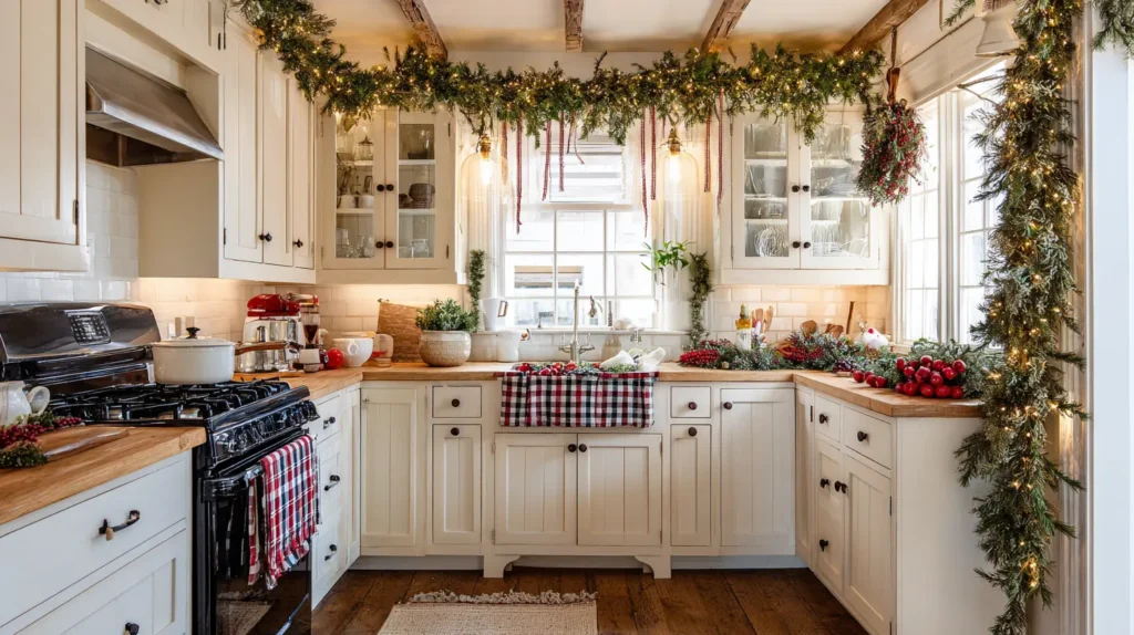 Hanging Mini Wreaths and Christmas Garland on Kitchen Cabinet Doors