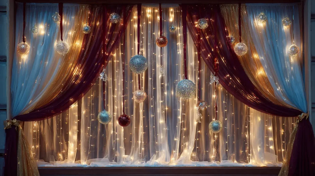 Hanging Ornament Layered Curtains String Lights for a Warm Glow with Holiday Ribbon Ties