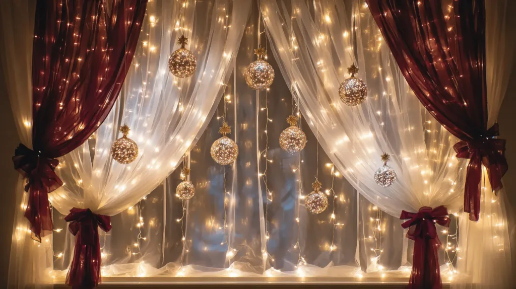 Hanging Ornament Layered Curtains String Lights for a Warm Glow with Holiday Ribbon Ties
