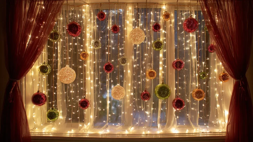 Hanging Ornament Layered Curtains String Lights for a Warm Glow with Holiday Ribbon Ties