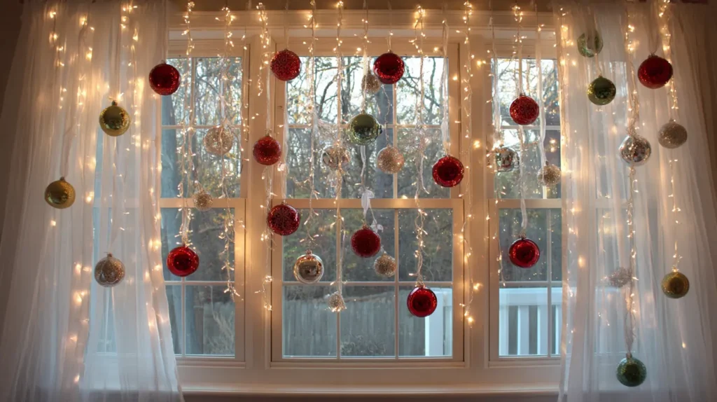 Hanging Ornament Layered Curtains String Lights for a Warm Glow with Holiday Ribbon Ties