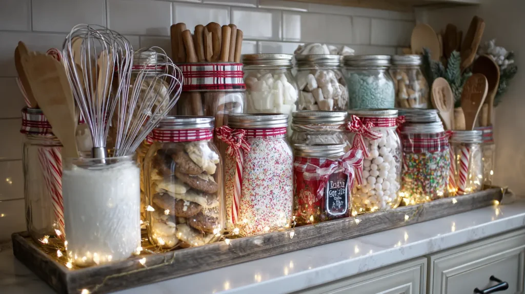 Holiday Baking Corner Displays with Mason Jar Decor and Festive Utensil Holders