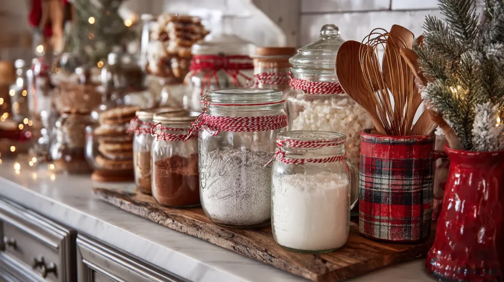 Holiday Baking Corner Displays with Mason Jar Decor and Festive Utensil Holders