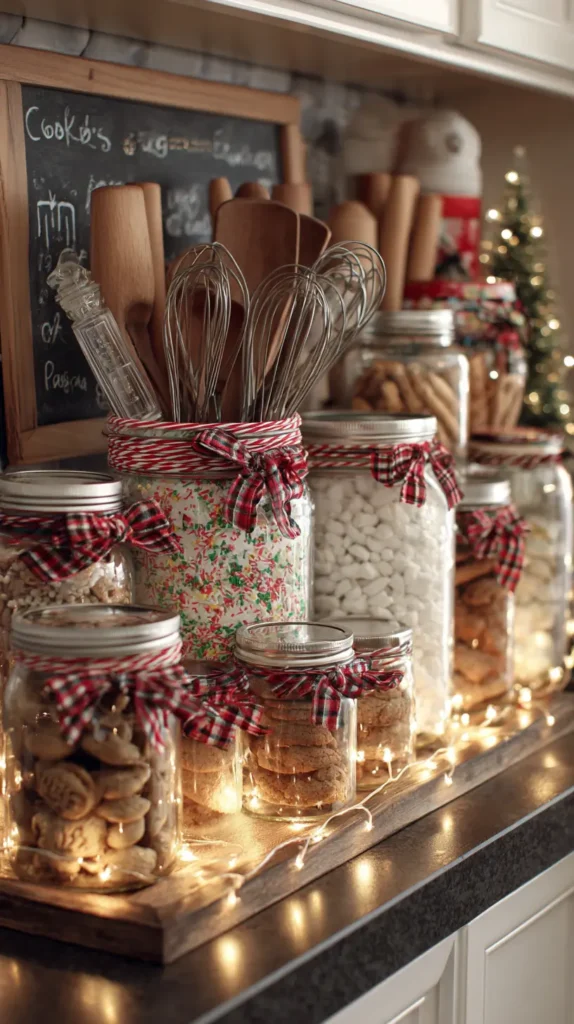 Holiday Baking Corner Displays with Mason Jar Decor and Festive Utensil Holders
