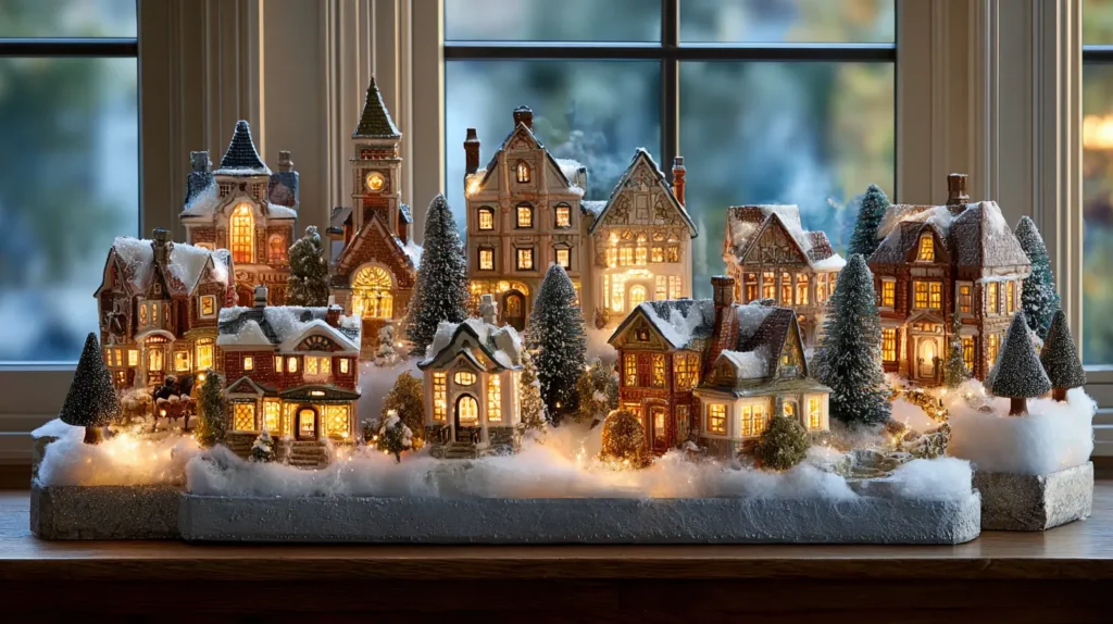Lighted Christmas Village Displays on the Windowsill
