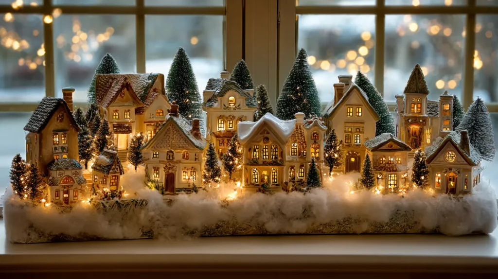 Lighted Christmas Village Displays on the Windowsill