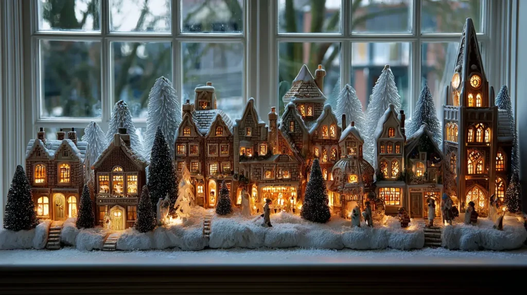 Lighted Christmas Village Displays on the Windowsill