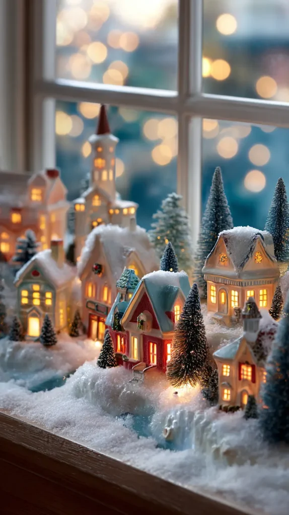 Lighted Christmas Village Displays on the Windowsill