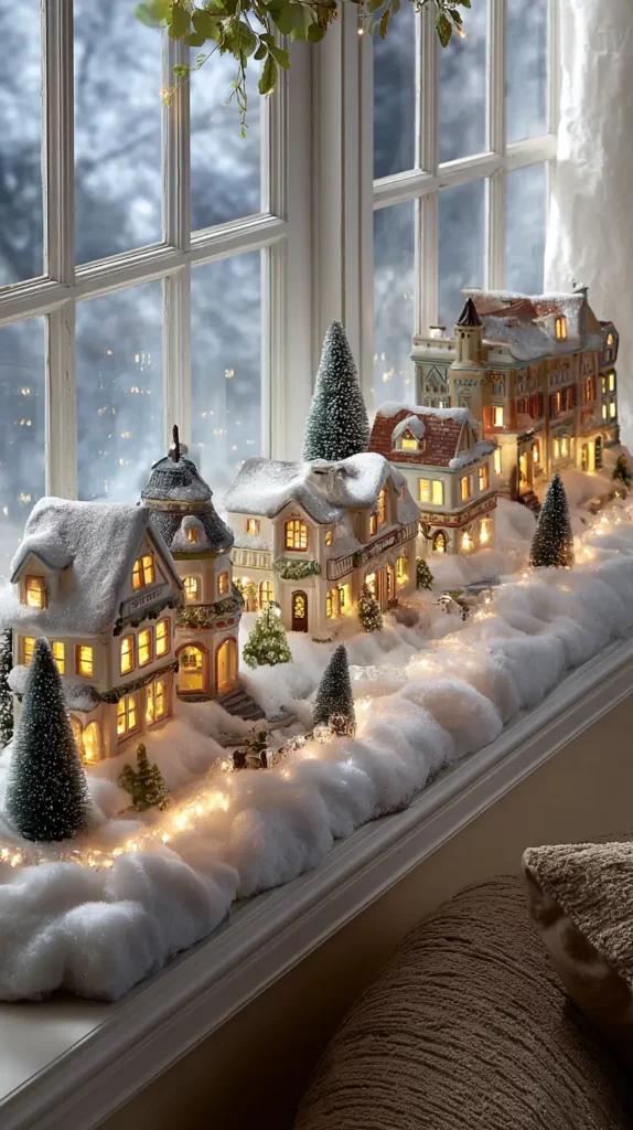 Lighted Christmas Village Displays on the Windowsill