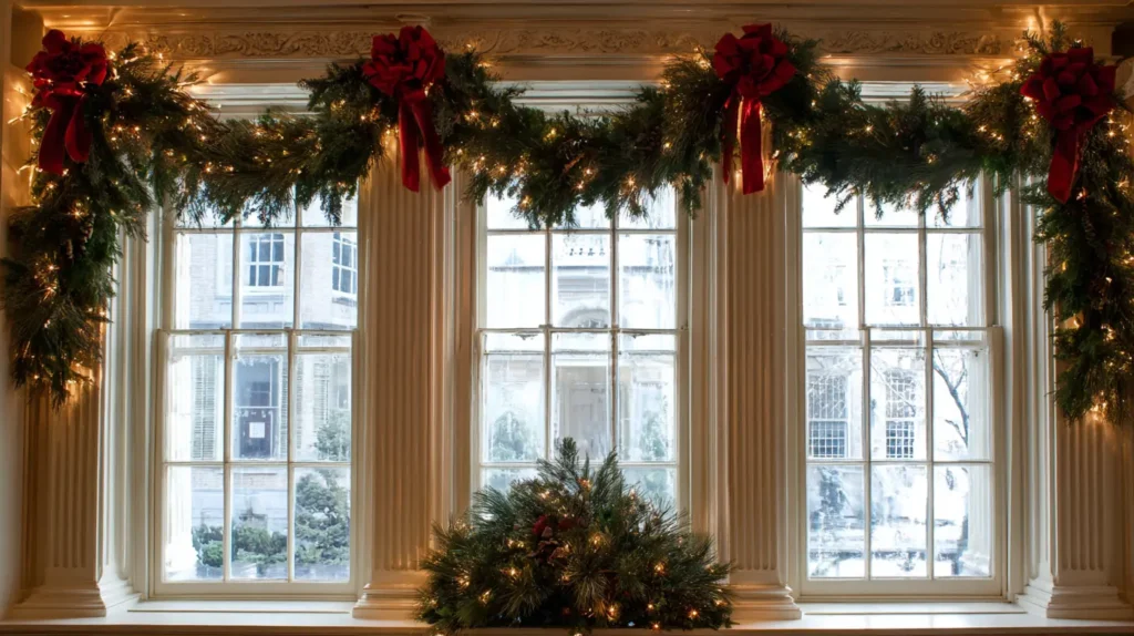 Lush Pine Garlands Framing the Window with Bows