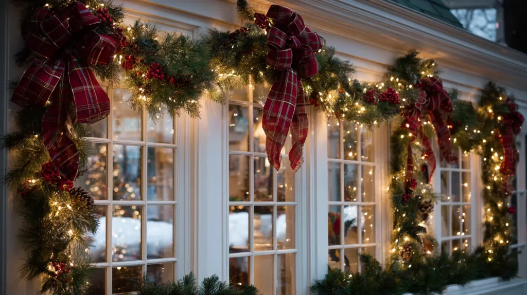 Lush Pine Garlands Framing the Window with Bows
