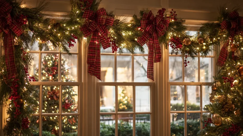 Lush Pine Garlands Framing the Window with Bows