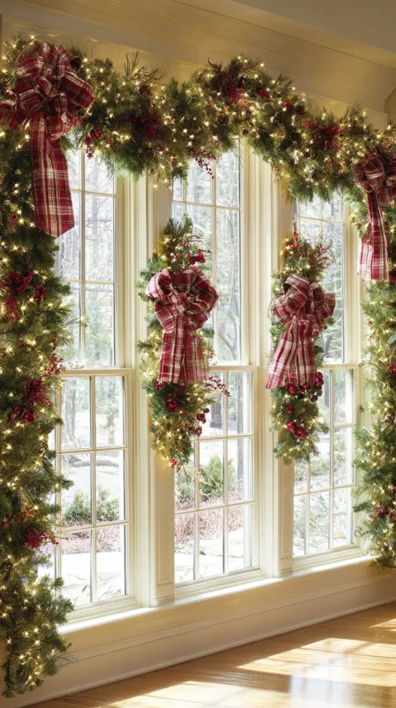 Lush Pine Garlands Framing the Window with Bows