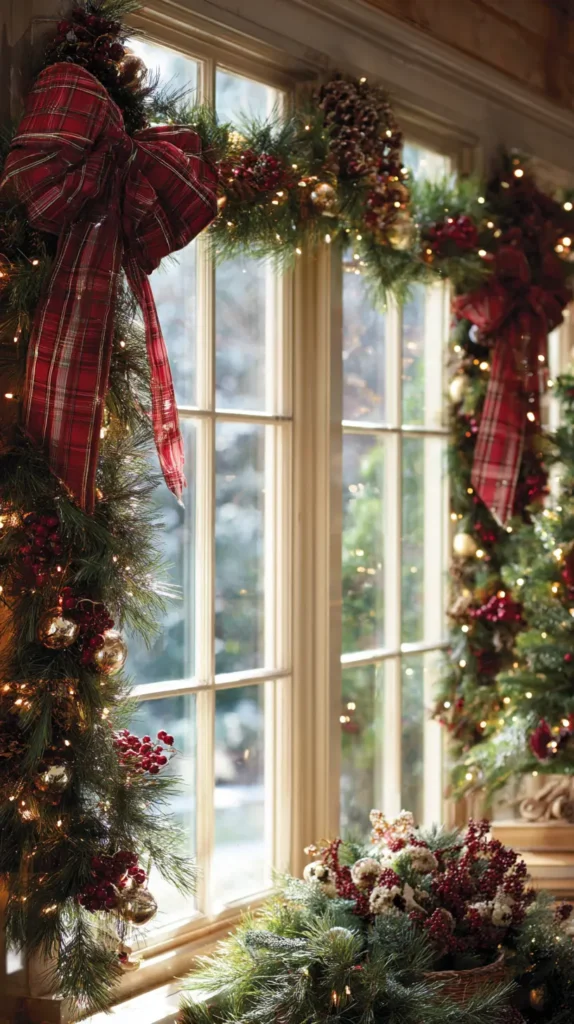 Lush Pine Garlands Framing the Window with Bows