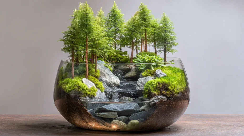 Miniature Pine Forest Terrarium with Flowing Water Feature