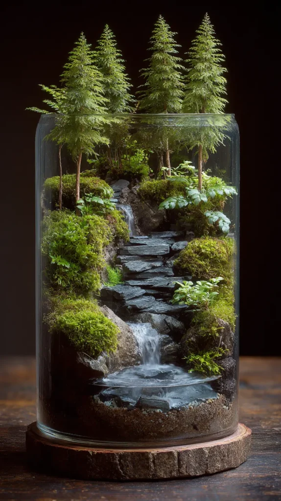 Miniature Pine Forest Terrarium with Flowing Water Feature
