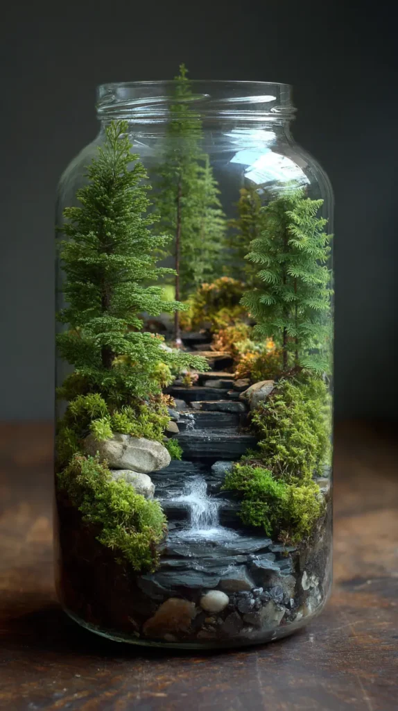 Miniature Pine Forest Terrarium with Flowing Water Feature