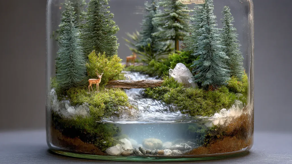 Miniature Pine Forest Terrarium with Flowing Water Feature