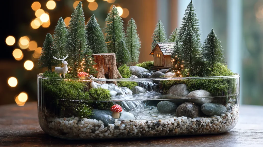 Miniature Pine Forest Terrarium with Flowing Water Feature