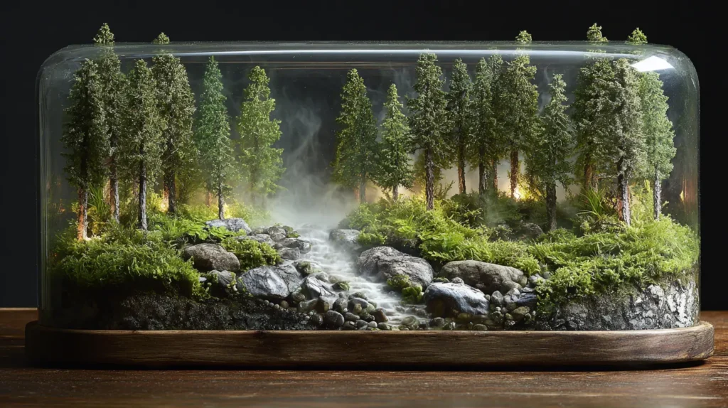 Misty Pine Woodland with Rocky Riverbed