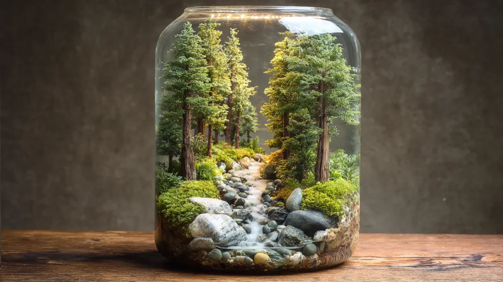 Misty Pine Woodland with Rocky Riverbed