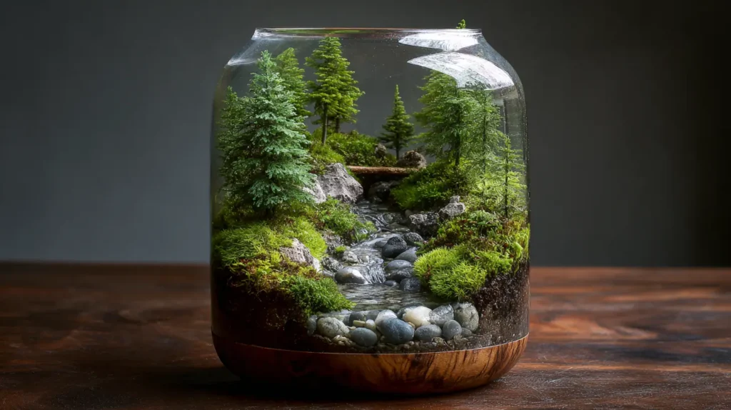 Misty Pine Woodland with Rocky Riverbed