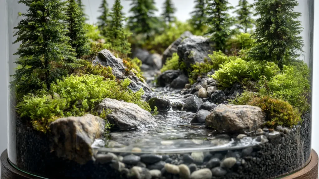 Misty Pine Woodland with Rocky Riverbed