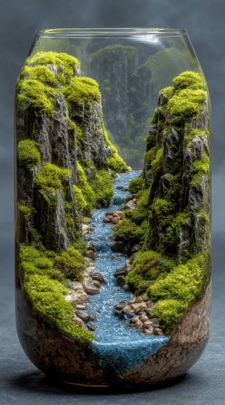 Mountain River Valley Scape in a Glass Bowl