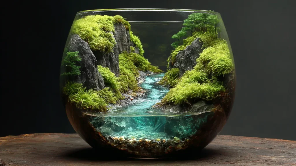 Mountain River Valley Scape in a Glass Bowl