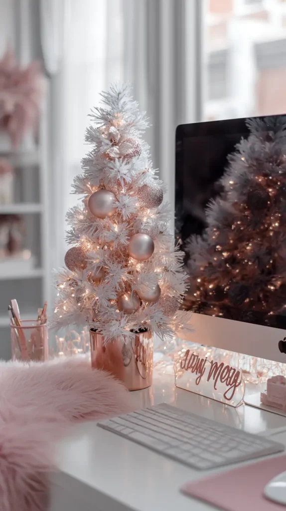 Pink, Rose Gold, and Pastel Christmas Desk Themes for Her Workspace