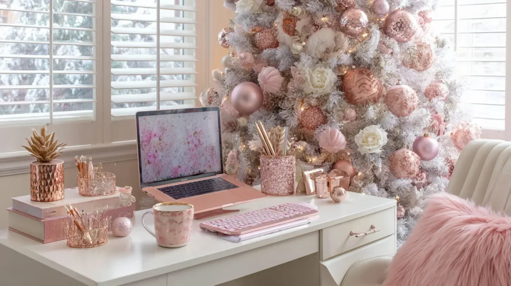 Pink, Rose Gold, and Pastel Christmas Desk Themes for Her Workspace