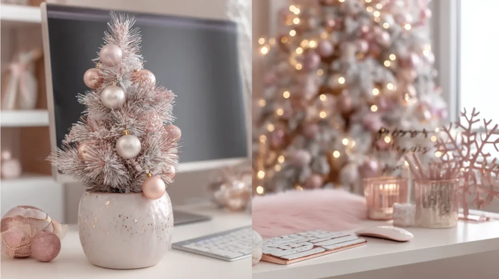 Pink, Rose Gold, and Pastel Christmas Desk Themes for Her Workspace