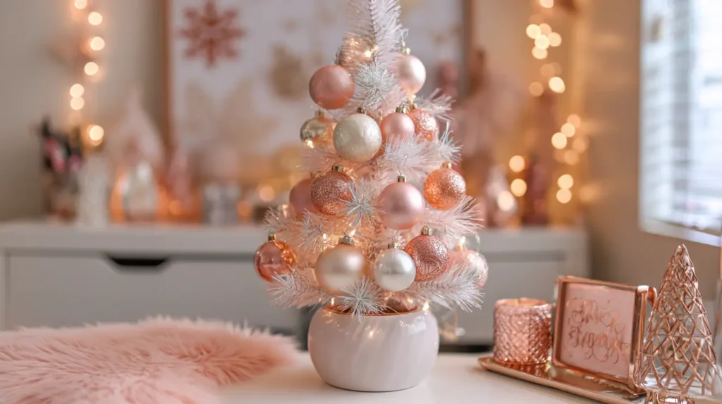 Pink, Rose Gold, and Pastel Christmas Desk Themes for Her Workspace