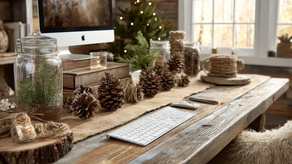 Rustic Burlap, Pinecones, and Nature-Inspired Desk Decor