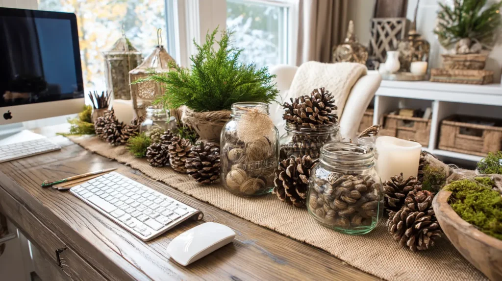 Rustic Burlap, Pinecones, and Nature-Inspired Desk Decor