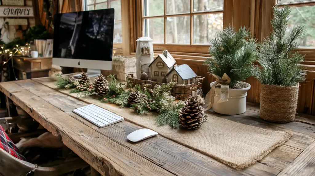 Rustic Burlap, Pinecones, and Nature-Inspired Desk Decor