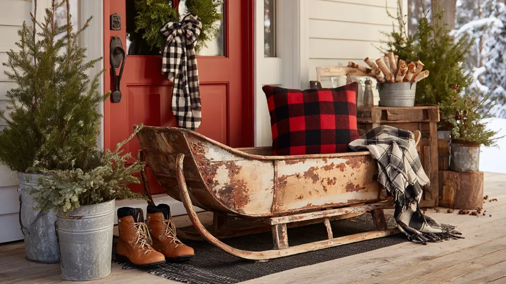Rustic Farmhouse Entryway with Vintage Sleds