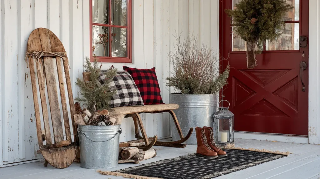 Rustic Farmhouse Entryway with Vintage Sleds