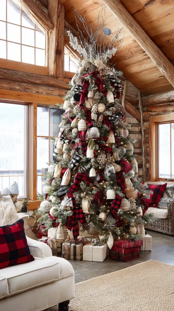 Rustic Farmhouse Tree with Buffalo Plaid and Tartan Ribbon