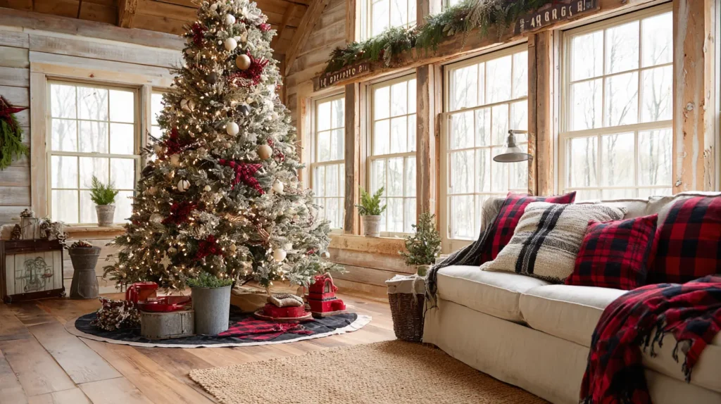 Rustic Farmhouse Tree with Buffalo Plaid and Tartan Ribbon