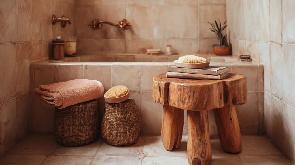 Rustic Wooden Stools for Bathside Essentials