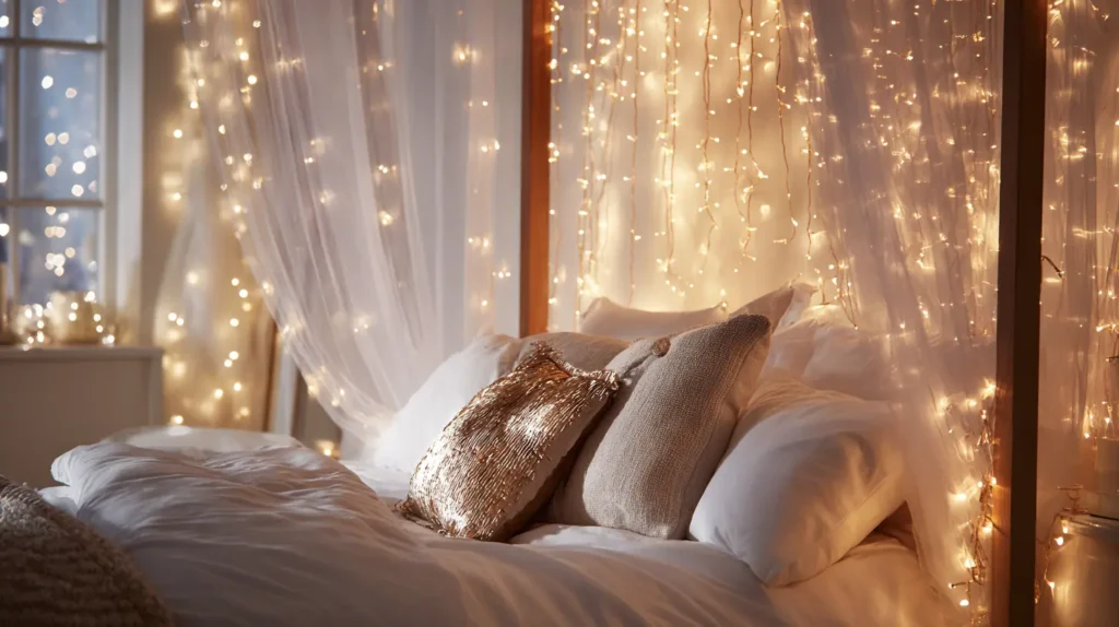 Soft Holiday Lighting to Create a Calm Bedroom Glow