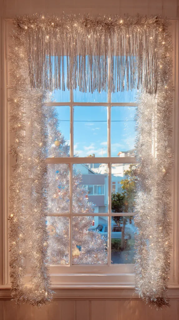 Sparkling Tinsel Window Decor for Retro Holiday Fun