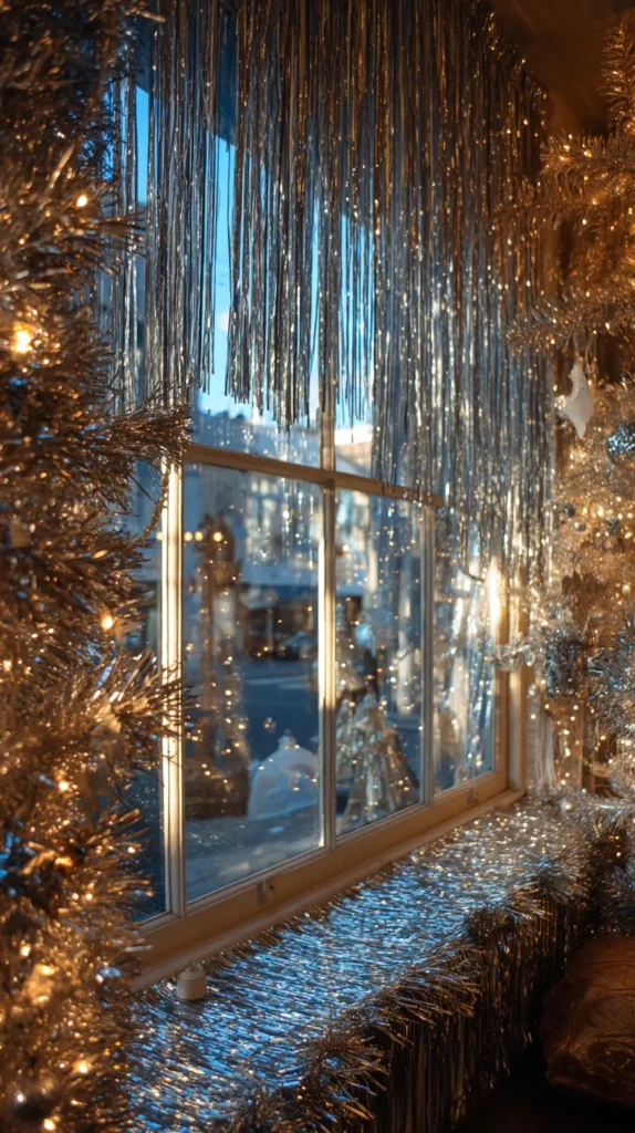 Sparkling Tinsel Window Decor for Retro Holiday Fun